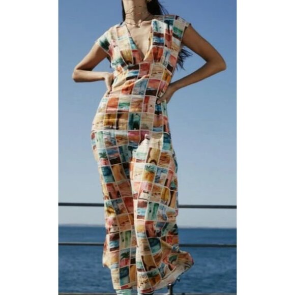 ROAME Raphia V Neck Midi Linen Dress Casablanca Print size 1 US SM - Picture 1 of 12